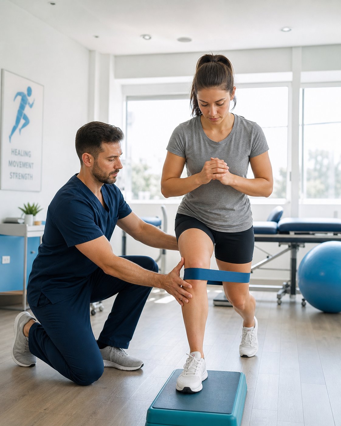 Physiotherapist guiding a patient through a knee exercise